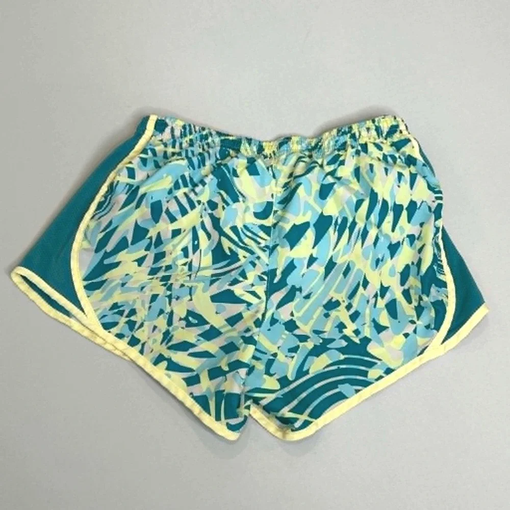 Nike Girls Dri-FIT Tempo Running Shorts Teal Blue Lime Abstract Print Size M